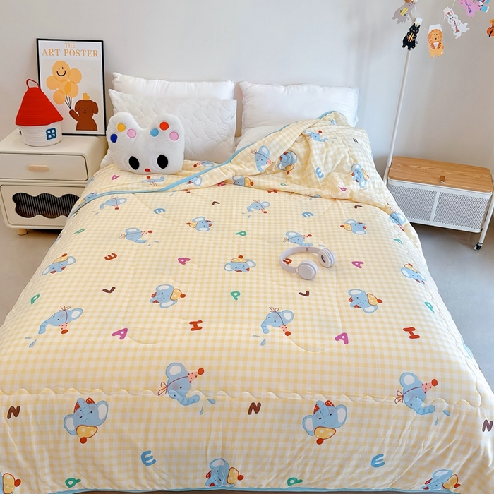 91家纺网 家纺一手货源 找家纺 兜米  2025夏季A类针织棉夏凉被小清新卡通双面针织棉空调被子被芯 字母小象