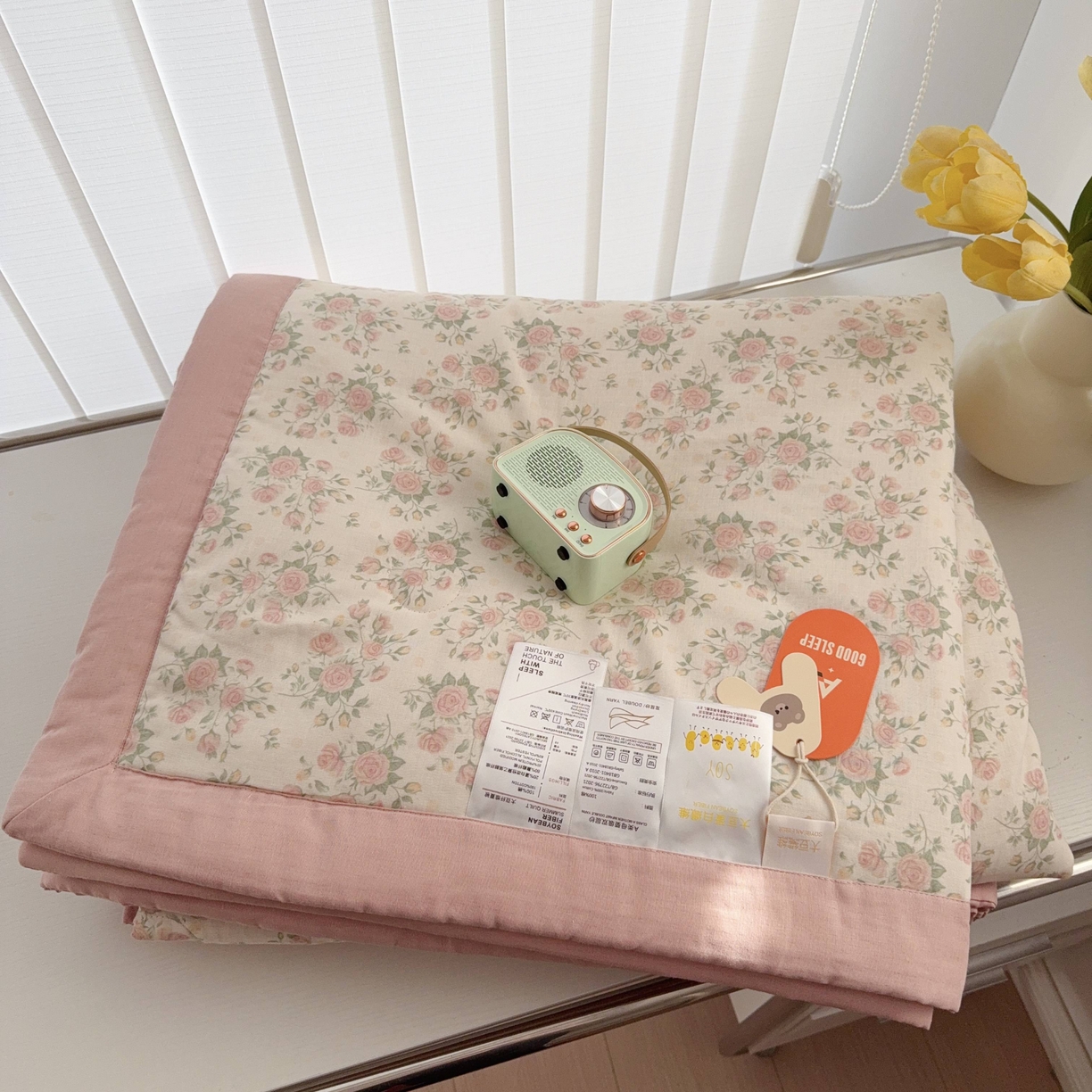 91家纺网 家纺一手货源 找家纺 于果 2025新款全棉双层纱夏被四件套 玫瑰米