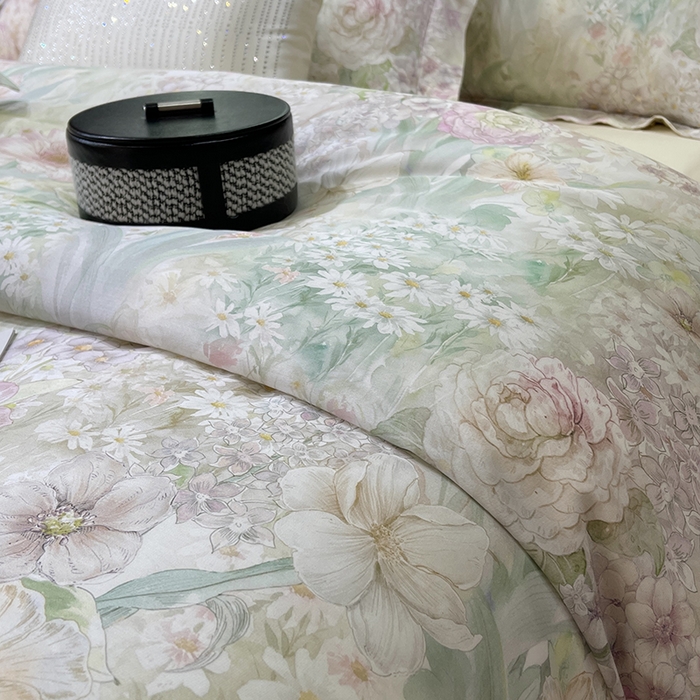 91家纺网 家纺一手货源 找家纺 莱豫2025新款50支莱赛尔天丝四件套 花漾情绿