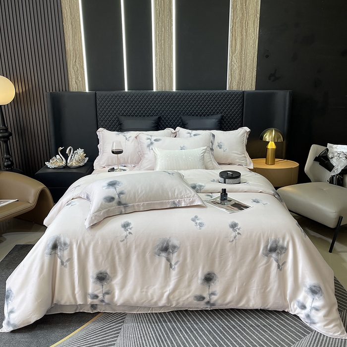 91家纺网 家纺一手货源 找家纺 莱豫2025新款50支莱赛尔天丝四件套 浅筏花亦