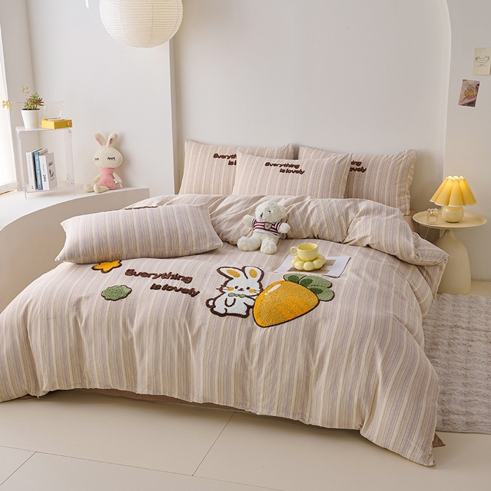 91家纺网 家纺一手货源 找家纺 爱思佳2025新款全棉双层纱毛巾绣系列四件套 萝卜兔