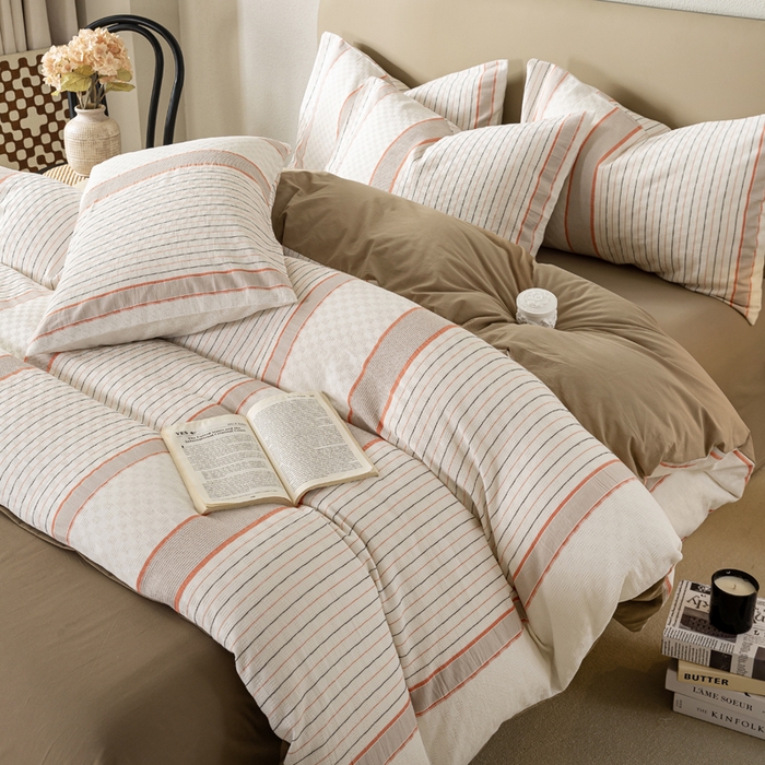 91家纺网 家纺一手货源 找家纺 九沐良品 2025新款全棉水洗棉提花四件套 简凝-卡其