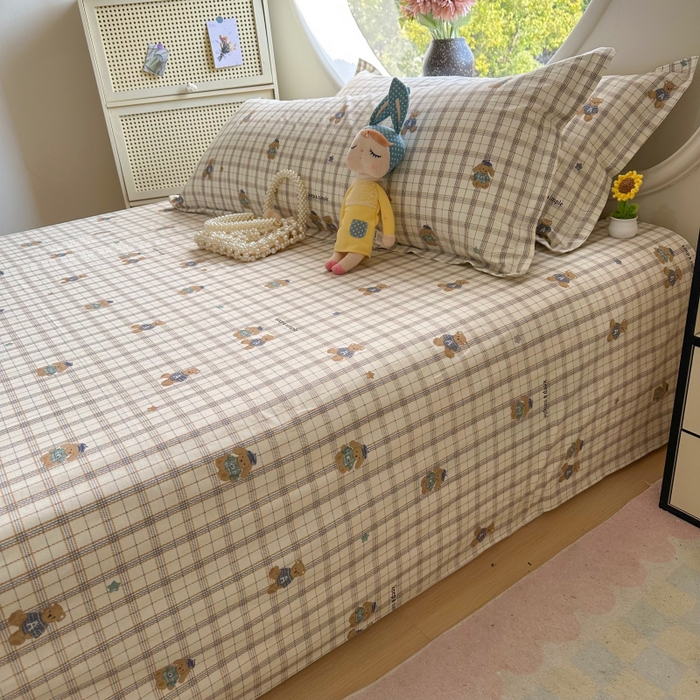 91家纺网 家纺一手货源 找家纺 百寐 2025新款13372全棉纯棉印花双人枕套+同款床单 格子熊