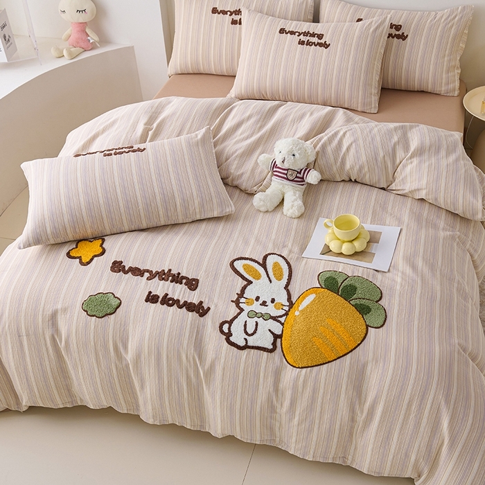 91家纺网 家纺一手货源 找家纺 爱思佳2025新款全棉双层纱毛巾绣系列四件套 萝卜兔