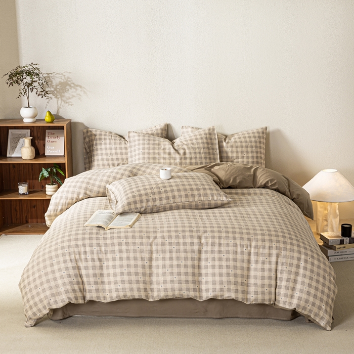 91家纺网 家纺一手货源 找家纺 2025新款全棉水洗棉双层纱印花四件套 伯克利-咖