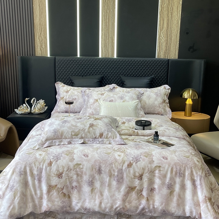 91家纺网 家纺一手货源 找家纺 莱豫2025新款50支莱赛尔天丝四件套 花影之恋紫