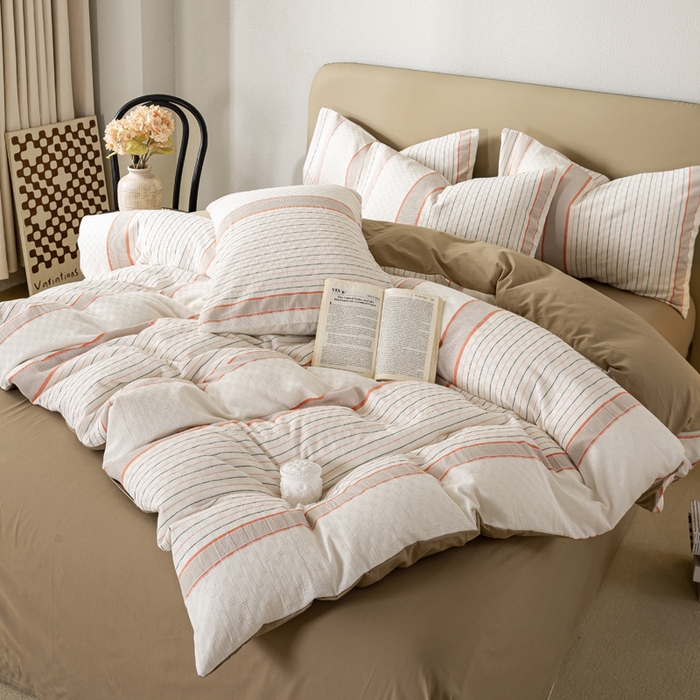 91家纺网 家纺一手货源 找家纺 九沐良品 2025新款全棉水洗棉提花四件套 简凝-卡其