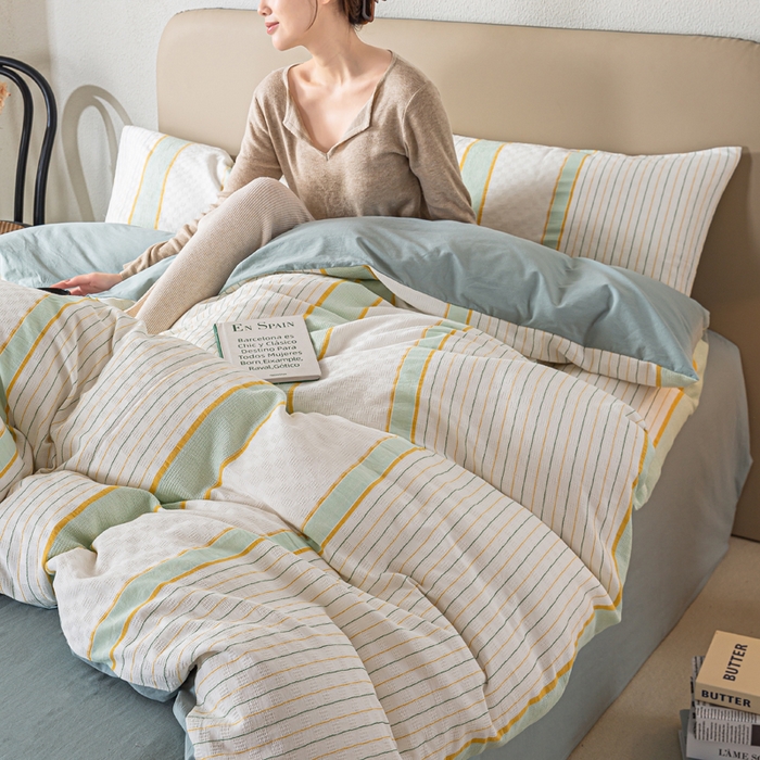 91家纺网 家纺一手货源 找家纺 九沐良品 2025新款全棉水洗棉提花四件套 简凝-湖兰