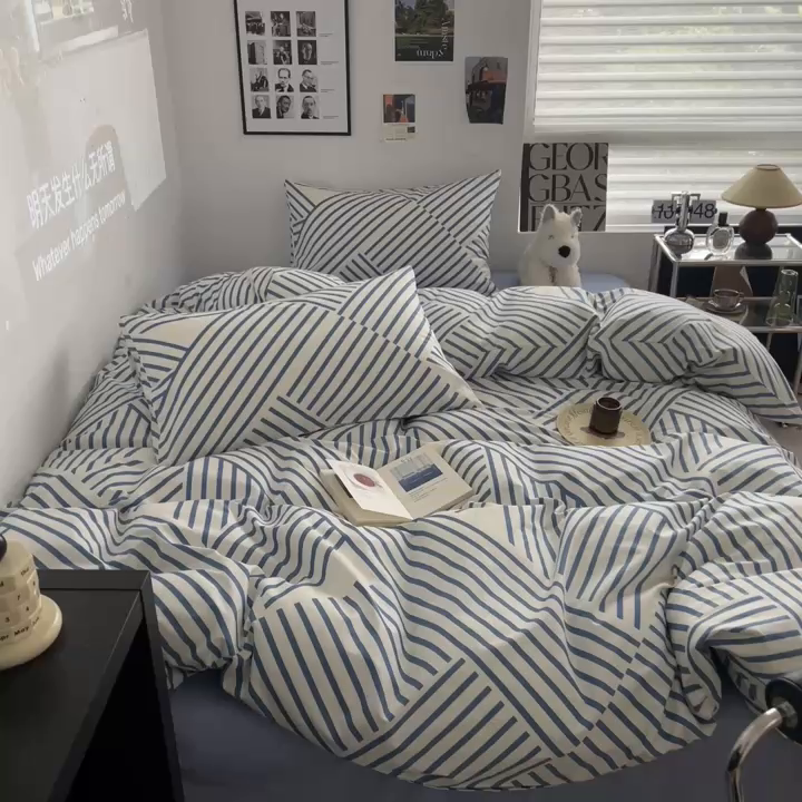 91家纺网 家纺一手货源 找家纺 吉象2025新款全棉印花北欧极简四件套系列 语初蓝