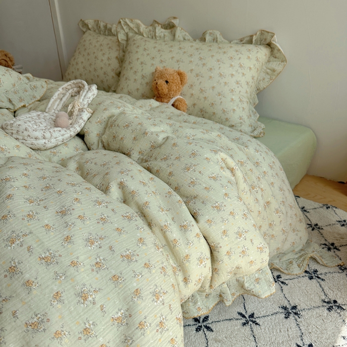 91家纺网 家纺一手货源 找家纺 2025新韩版花边全棉双层皱皱纱布四件套 花仙子