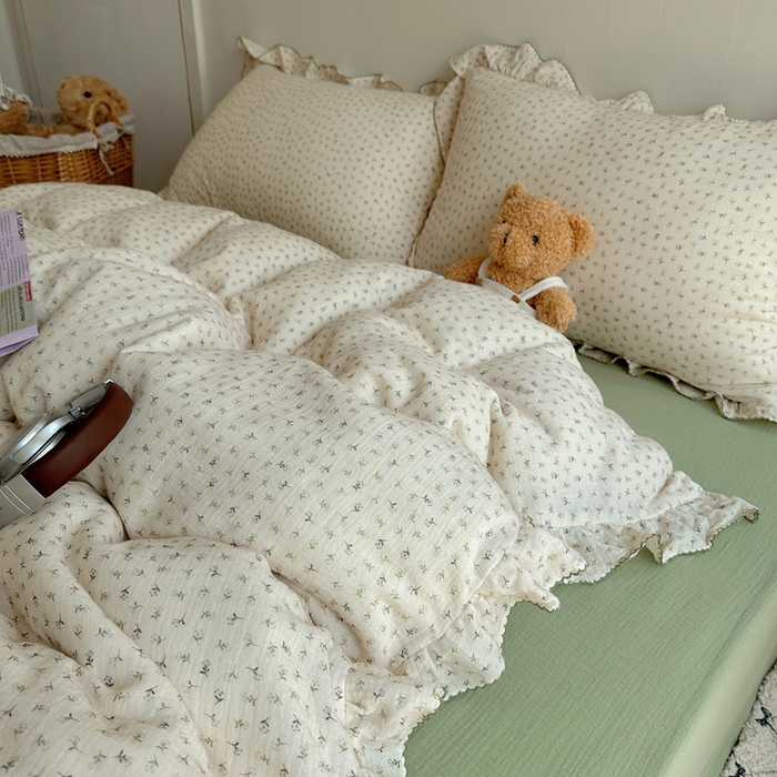 91家纺网 家纺一手货源 找家纺 2025新韩版花边全棉双层皱皱纱布四件套 清新奶盐