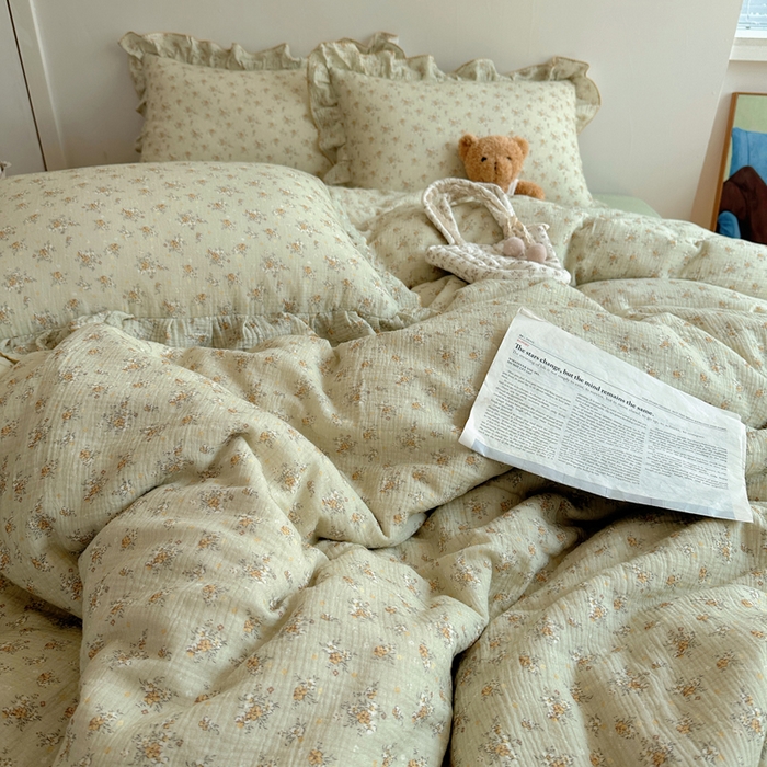 91家纺网 家纺一手货源 找家纺 2025新韩版花边全棉双层皱皱纱布四件套 花仙子