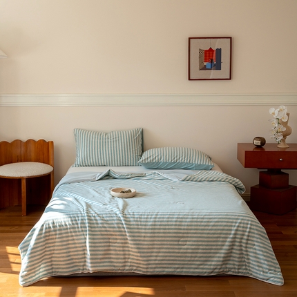 91家纺网 家纺一手货源 找家纺 华超针织 2025新款全棉针织拼锦氨凉感夏被 纯棉拼凉感 水蓝