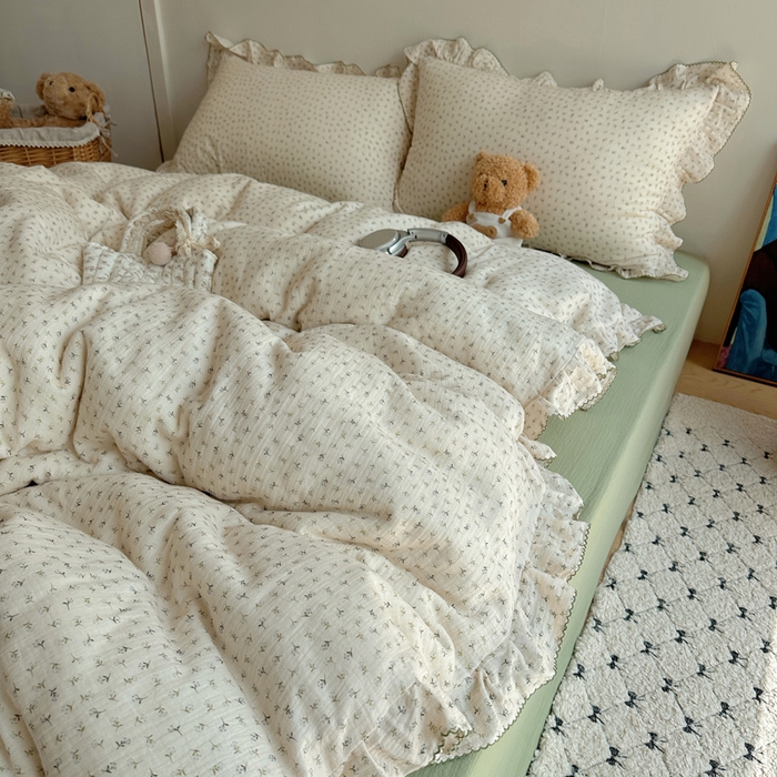 91家纺网 家纺一手货源 找家纺 2025新韩版花边全棉双层皱皱纱布四件套 清新奶盐