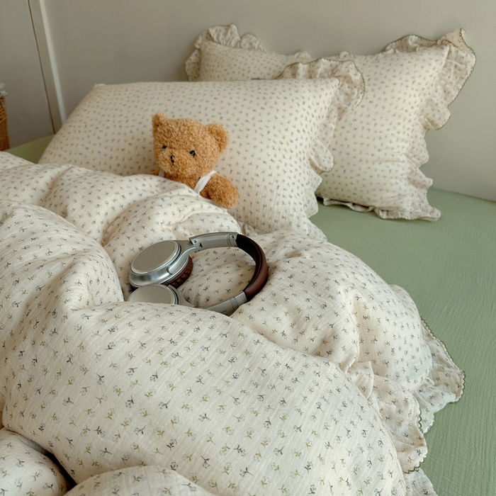 91家纺网 家纺一手货源 找家纺 2025新韩版花边全棉双层皱皱纱布四件套 清新奶盐