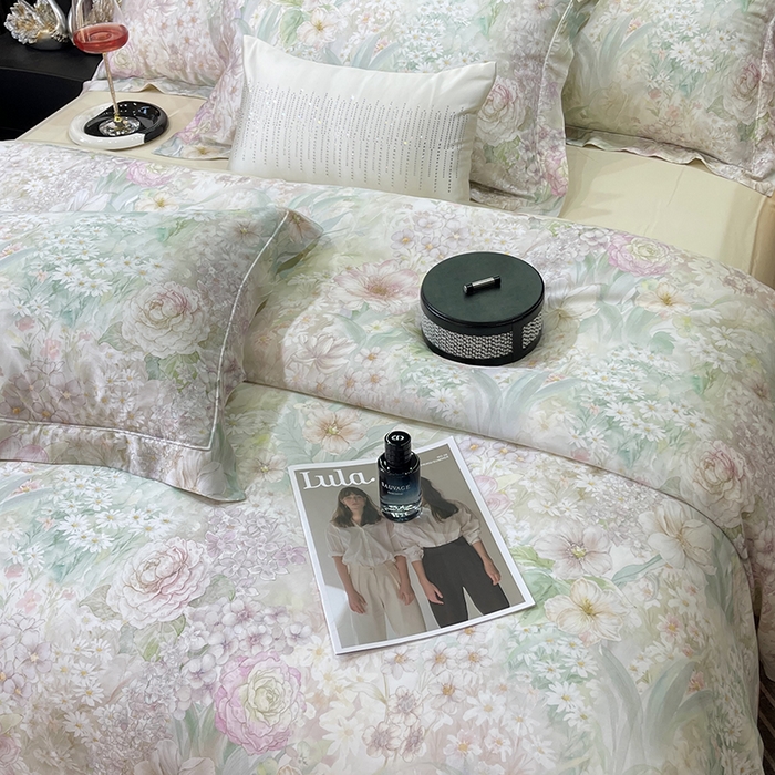 91家纺网 家纺一手货源 找家纺 莱豫2025新款50支莱赛尔天丝四件套 花漾情绿