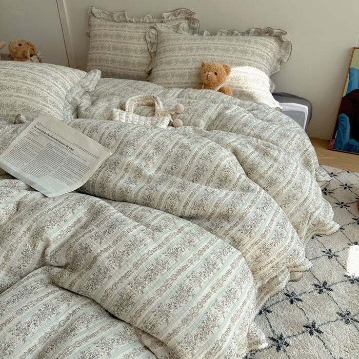 91家纺网 家纺一手货源 找家纺 2025新韩版花边全棉双层皱皱纱布四件套 白兰地