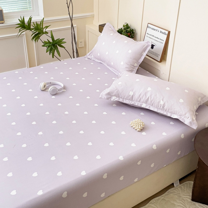 91家纺网 家纺一手货源 找家纺 朵朵家纺 2025新款亲肤棉芦荟棉床笠单床笠，磨毛床笠，印花床笠（可定制尺寸 ） 爱心紫