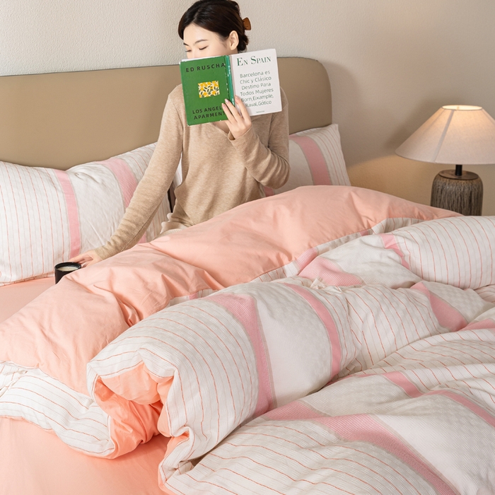 91家纺网 家纺一手货源 找家纺 九沐良品 2025新款全棉水洗棉提花四件套 简凝-粉