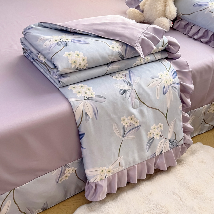 91家纺网 家纺一手货源 找家纺 找底底家纺 2025新款60S水洗天丝夏被夏凉被空调被床裙四件套 摇曳花香