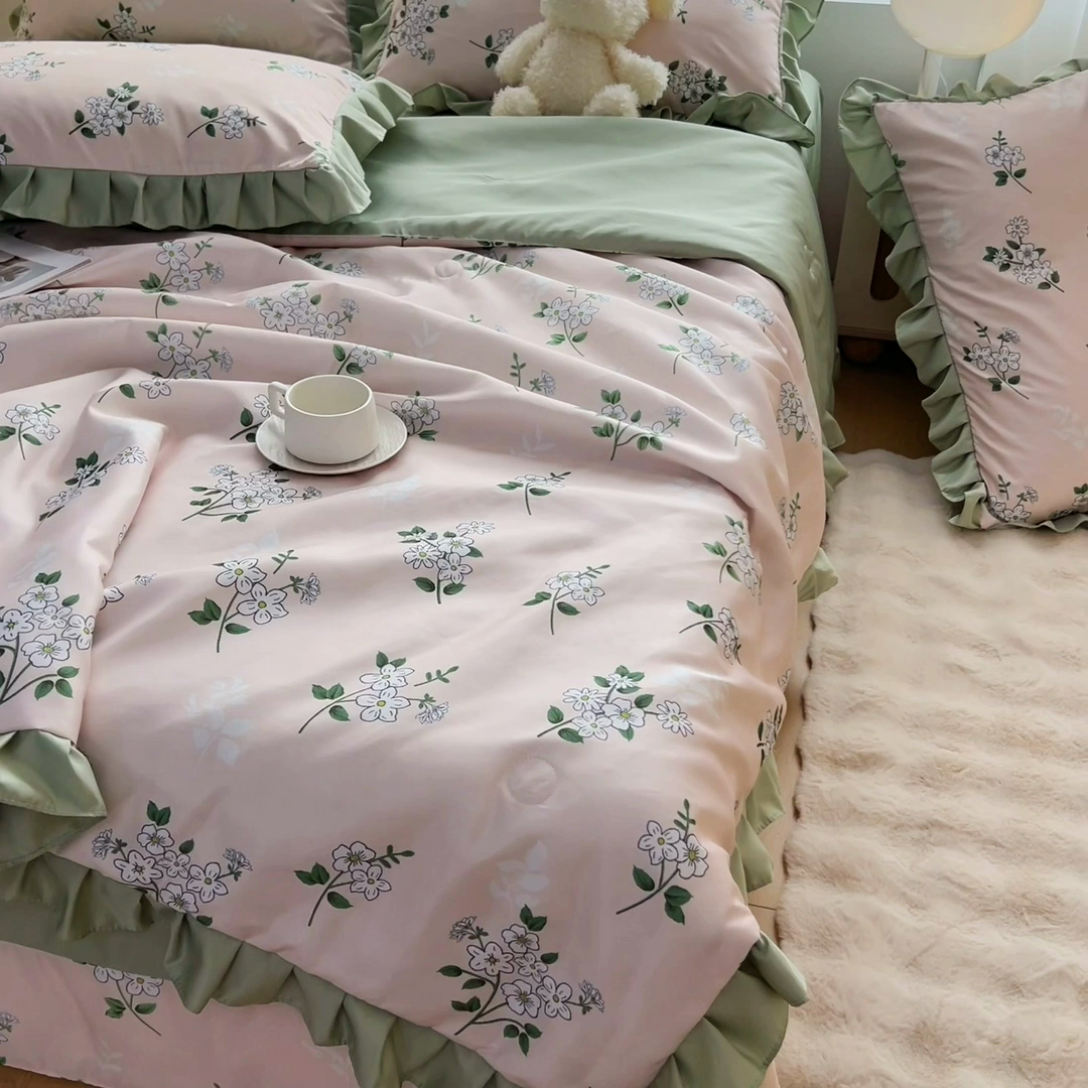 91家纺网 家纺一手货源 找家纺 找底底家纺 2025新款60S水洗天丝夏被夏凉被空调被床裙四件套 盛夏