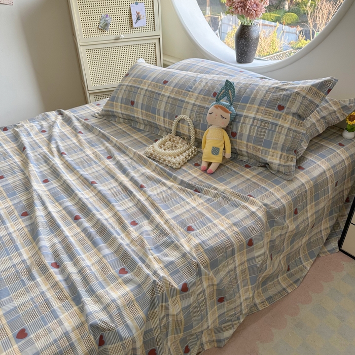 91家纺网 家纺一手货源 找家纺 百寐 2025新款13372全棉纯棉印花双人枕套+同款床单 心动蓝