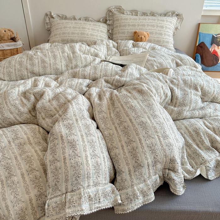 91家纺网 家纺一手货源 找家纺 2025新韩版花边全棉双层皱皱纱布四件套 白兰地