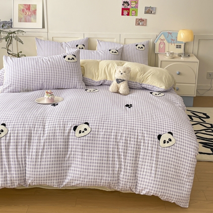 首尔2025新款云朵棉毛巾绣四件套 紫格熊猫