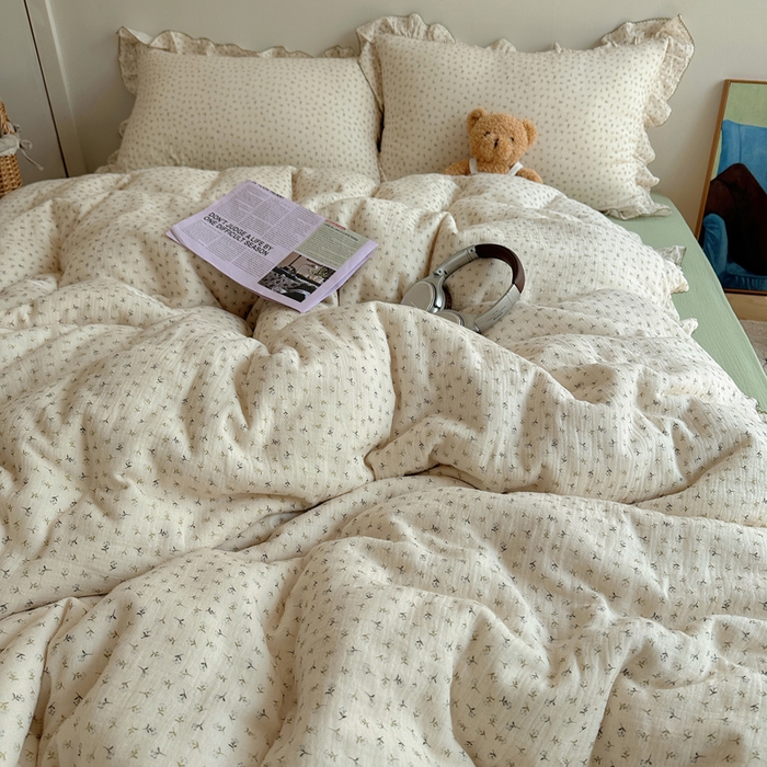 91家纺网 家纺一手货源 找家纺 2025新韩版花边全棉双层皱皱纱布四件套 清新奶盐