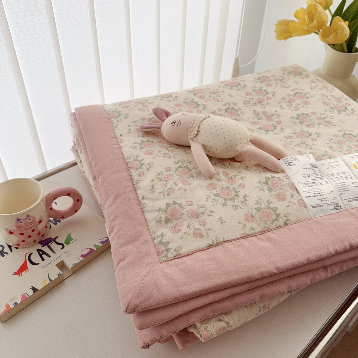 91家纺网 家纺一手货源 找家纺 于果 2025新款全棉双层纱夏被四件套 玫瑰米