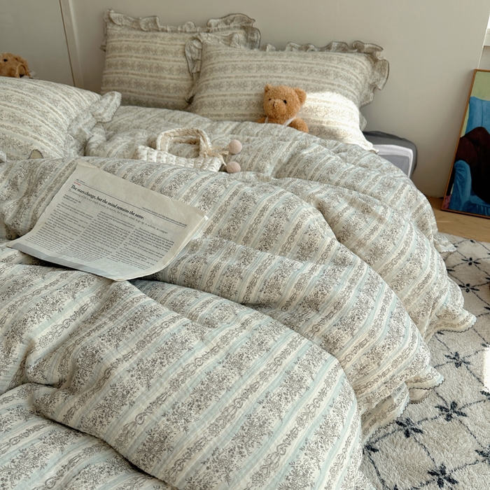 91家纺网 家纺一手货源 找家纺 2025新韩版花边全棉双层皱皱纱布四件套 白兰地