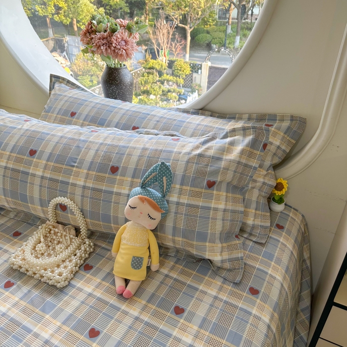 91家纺网 家纺一手货源 找家纺 百寐 2025新款13372全棉纯棉印花双人枕套+同款床单 心动蓝