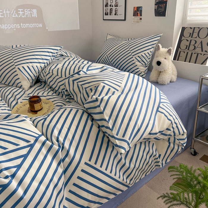 91家纺网 家纺一手货源 找家纺 吉象2025新款全棉印花北欧极简四件套系列 语初蓝