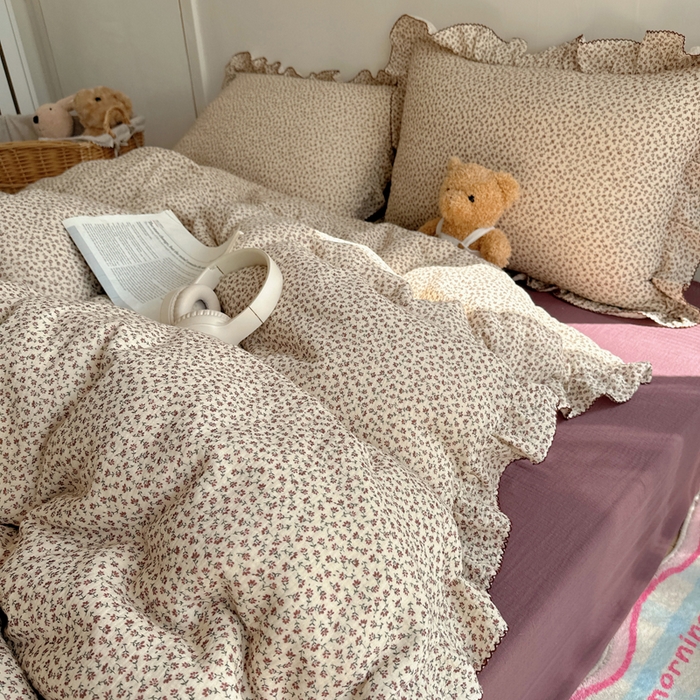 91家纺网 家纺一手货源 找家纺 2025新韩版花边全棉双层皱皱纱布四件套 紫鸢温柔