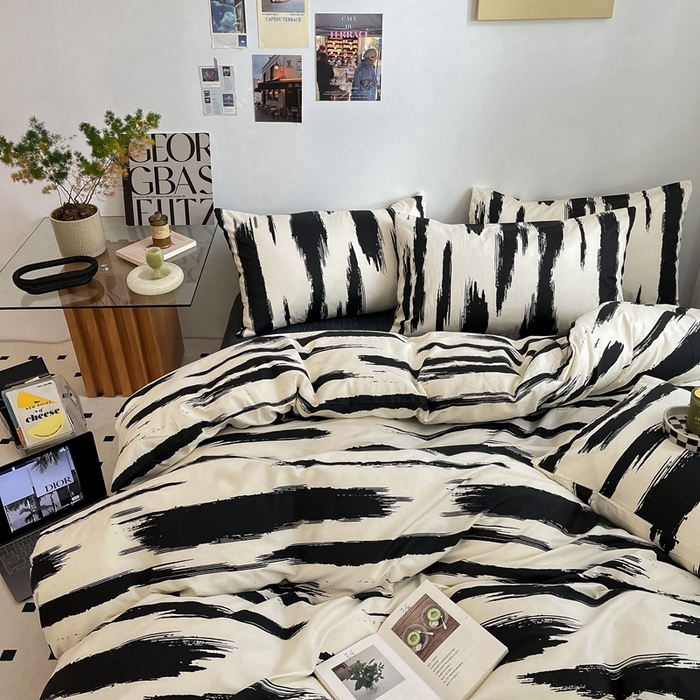 91家纺网 家纺一手货源 找家纺 吉象2025新款全棉印花北欧极简四件套系列 文艺黑