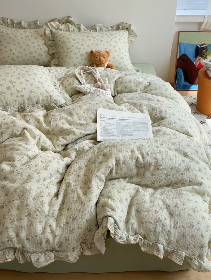 91家纺网 家纺一手货源 找家纺 2025新韩版花边全棉双层皱皱纱布四件套 花仙子