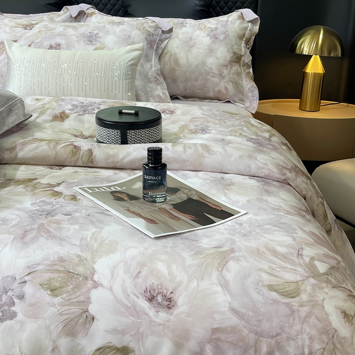 91家纺网 家纺一手货源 找家纺 莱豫2025新款50支莱赛尔天丝四件套 花影之恋紫