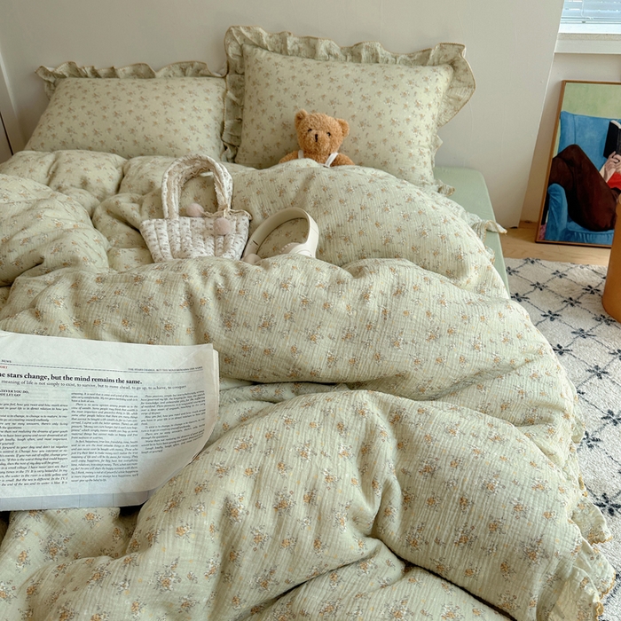 91家纺网 家纺一手货源 找家纺 2025新韩版花边全棉双层皱皱纱布四件套 花仙子