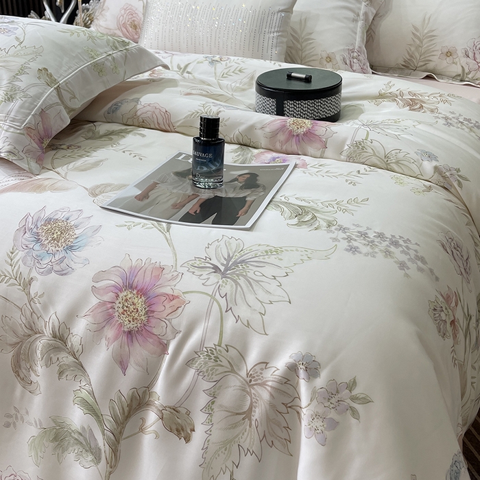 91家纺网 家纺一手货源 找家纺 莱豫2025新款50支莱赛尔天丝四件套 春日落樱