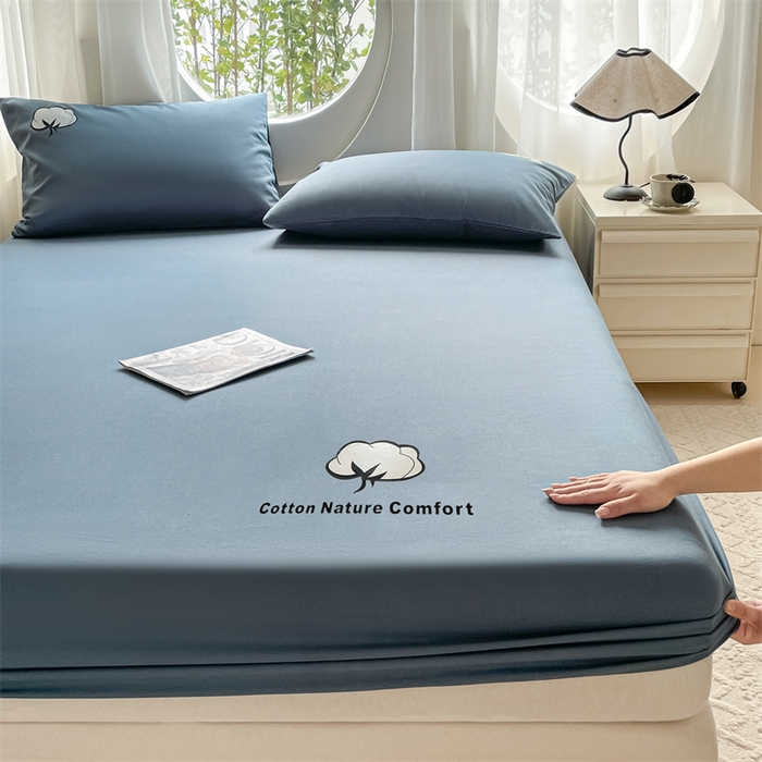 91家纺网 家纺一手货源 找家纺 布卢姆床垫 2025新款全棉烫画全棉老粗布床笠 棉朵-藏蓝