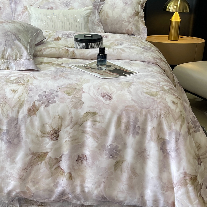 91家纺网 家纺一手货源 找家纺 莱豫2025新款50支莱赛尔天丝四件套 花影之恋紫