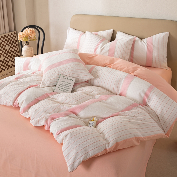 91家纺网 家纺一手货源 找家纺 九沐良品 2025新款全棉水洗棉提花四件套 简凝-粉