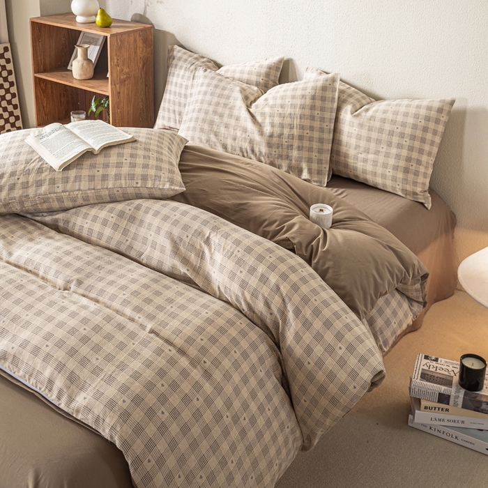 91家纺网 家纺一手货源 找家纺 2025新款全棉水洗棉双层纱印花四件套 伯克利-咖