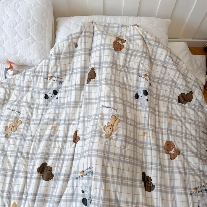 91家纺网 家纺一手货源 找家纺 兜米  2025夏季A类针织棉夏凉被小清新卡通双面针织棉空调被子被芯 格子狗