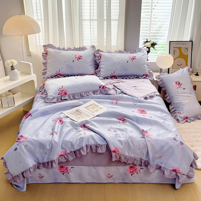 91家纺网 家纺一手货源 找家纺 找底底家纺 2025新款60S水洗天丝夏被夏凉被空调被床裙四件套 浪漫玫瑰