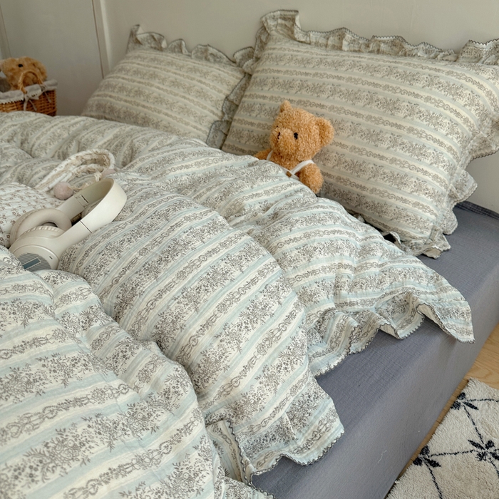 91家纺网 家纺一手货源 找家纺 2025新韩版花边全棉双层皱皱纱布四件套 白兰地