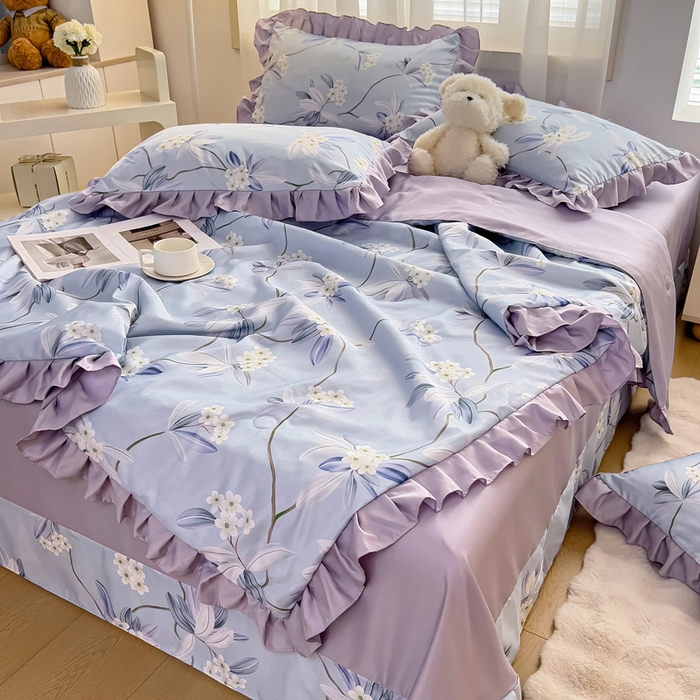 91家纺网 家纺一手货源 找家纺 找底底家纺 2025新款60S水洗天丝夏被夏凉被空调被床裙四件套 摇曳花香