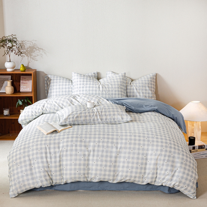 91家纺网 家纺一手货源 找家纺 2025新款全棉水洗棉双层纱印花四件套 伯克利-蓝