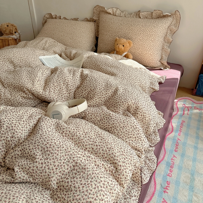 91家纺网 家纺一手货源 找家纺 2025新韩版花边全棉双层皱皱纱布四件套 紫鸢温柔