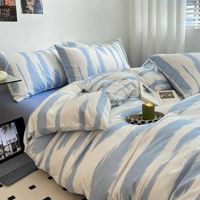 91家纺网 家纺一手货源 找家纺 吉象2025新款全棉印花北欧极简四件套系列 文艺蓝